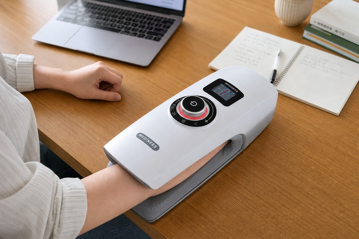 책상 위에 놓인 메디니스 MDM-1422S와 팔 삽입 공간